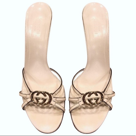 GucciY2K White Slip On Monogram Medallion Peep Toe Mules 6.5